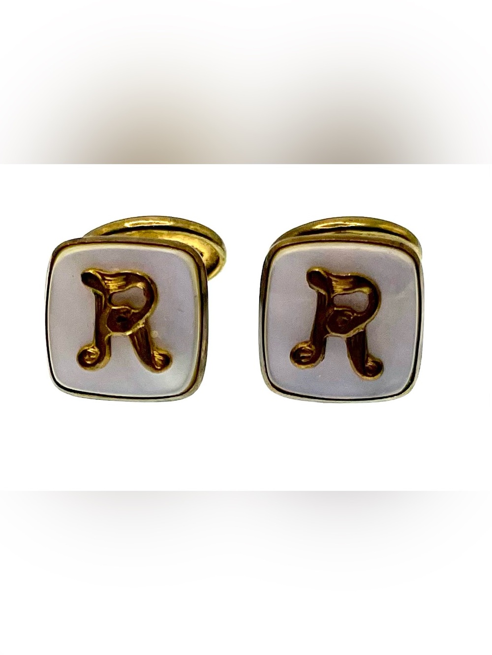 Vintage Mother of Pearl Monogram R Cufflinks Gold Tone Mid Century